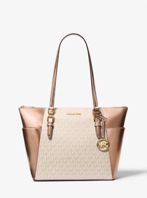Charlotte Large Signature Logo and Metallic Top-Zip Tote Bag - Image 6