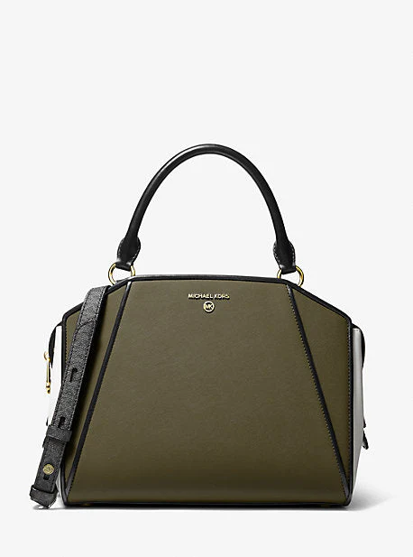 Cleo Medium Color-Block Saffiano Leather Satchel - Image 19